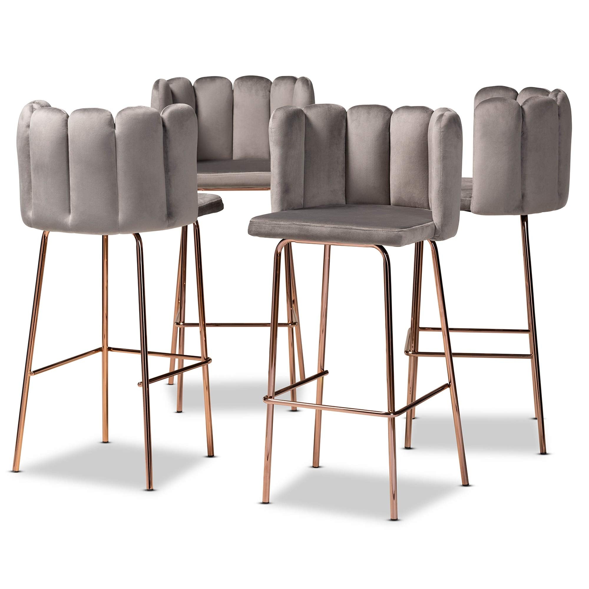 Baxton Studio Kaelin Luxe and Glam Grey Velvet Fabric Upholstered and Rose Gold Finished 4-Piece Bar Stool Set