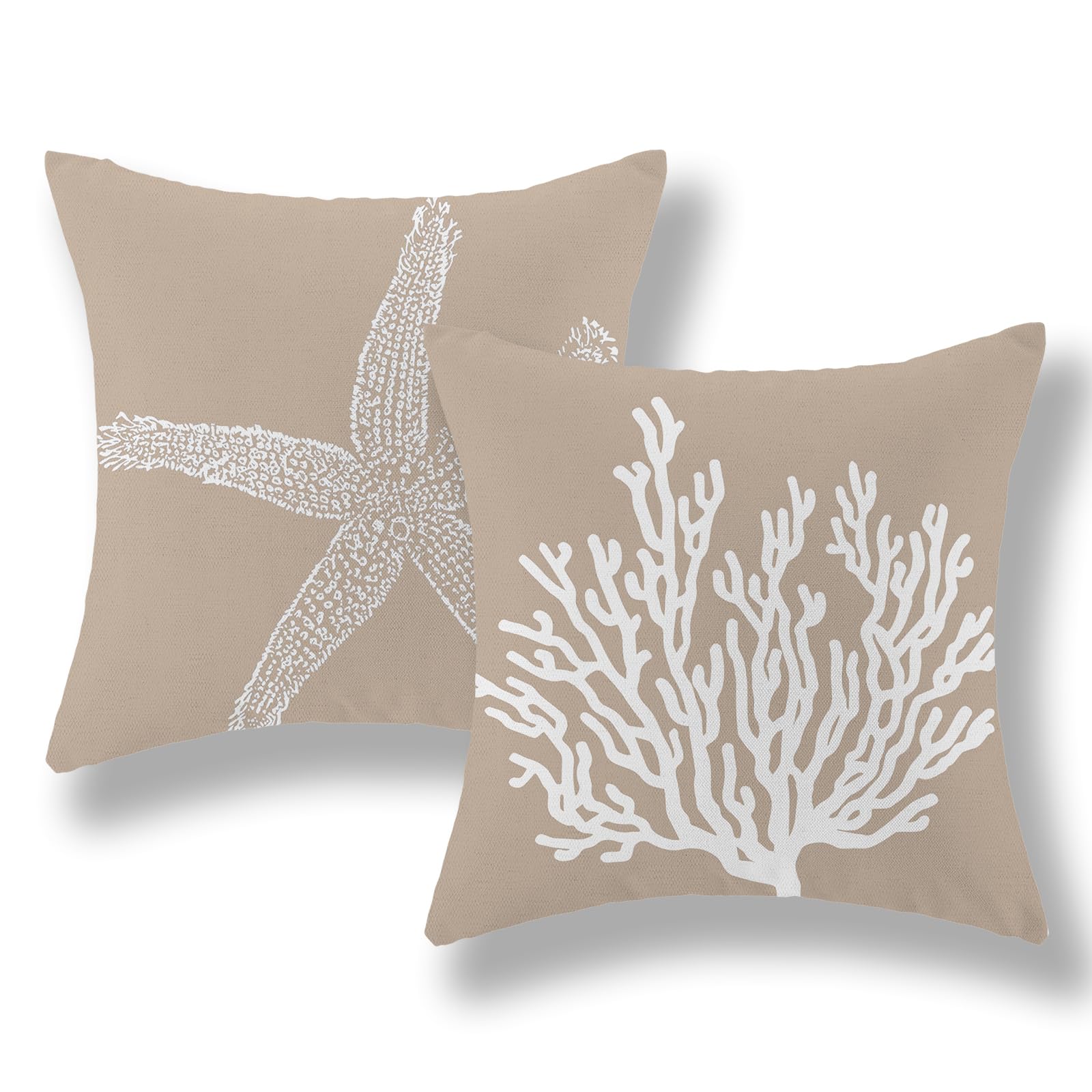Coastal Pillow Covers 20X20 Inch Set Of 2 Brown Tan Coral Starfish Throw Pillows Summer Nautical Beach Ocean Decorations Linen P