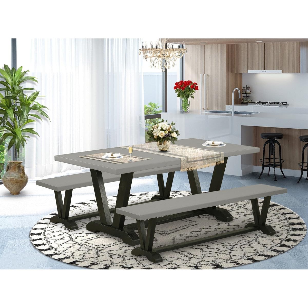 East West Furniture V2-697 3 Piece Dining Table Set for Small Spaces Contains a Rectangle Dining Room Table with V-Legs and 2 Kitchen Bench, 40x72 Inch, Multi-Color