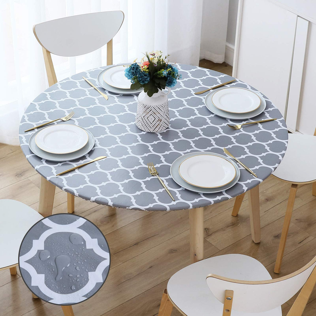 Smiry Round Picnic Tablecloth, Waterproof Elastic Fitted Table Covers For 36' - 44' Tables, Wipeable Flannel Backed Vinyl Tablecloths For Camping, Indoor, Outdoor, Grey Morocco