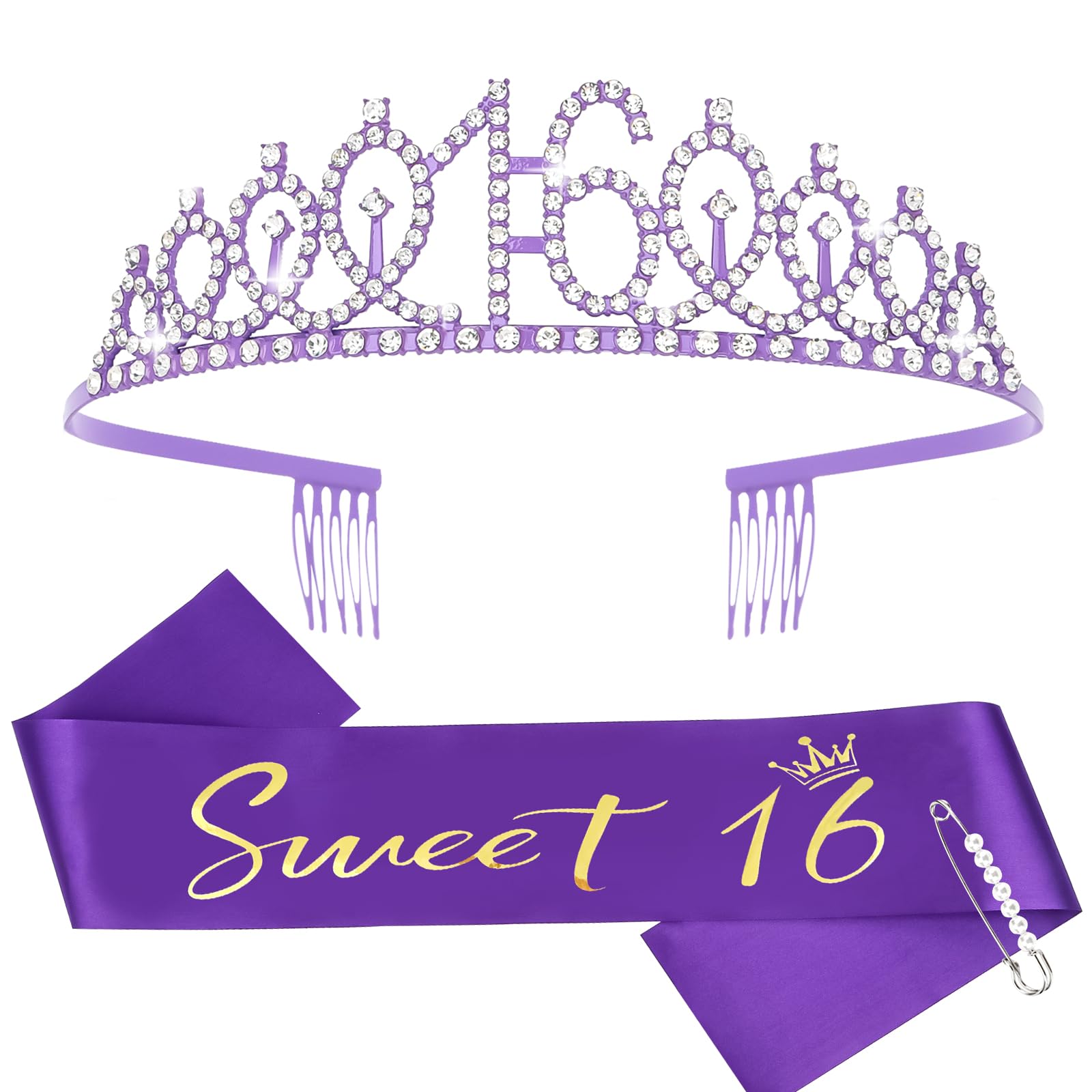 Casoty Purple 16th Birthday Sash and Tiara for Girls, Sweet 16 Party Decorations, Sweet 16 Sash and Tiara Set, 16th Birthday Dec