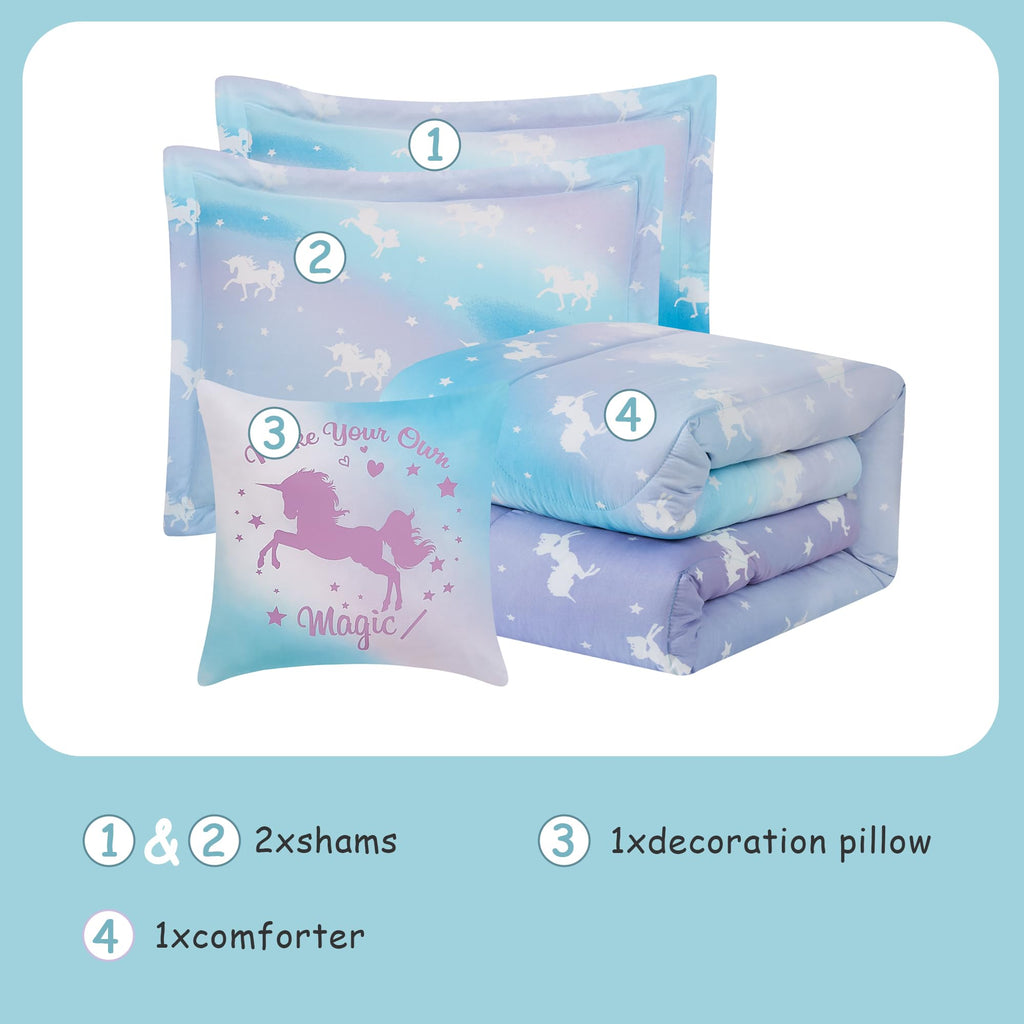 Kaleido Space Kaleidospace Kids Full Comforter Sets For Girls, Glow In The Dark Unicorn Full Size Bedding Sets -4 Pieces Lightwe