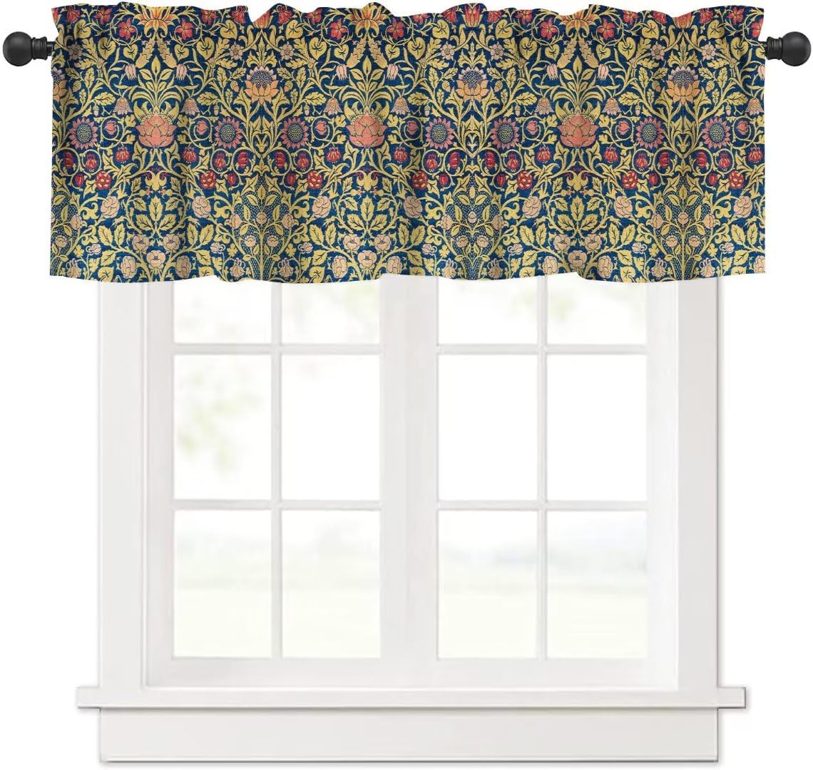 Shelifestyle William Morris Flower Window Valance Curtain, Vintage Boho Style Floral Botanical Tree Plant Pattern Window Treatme