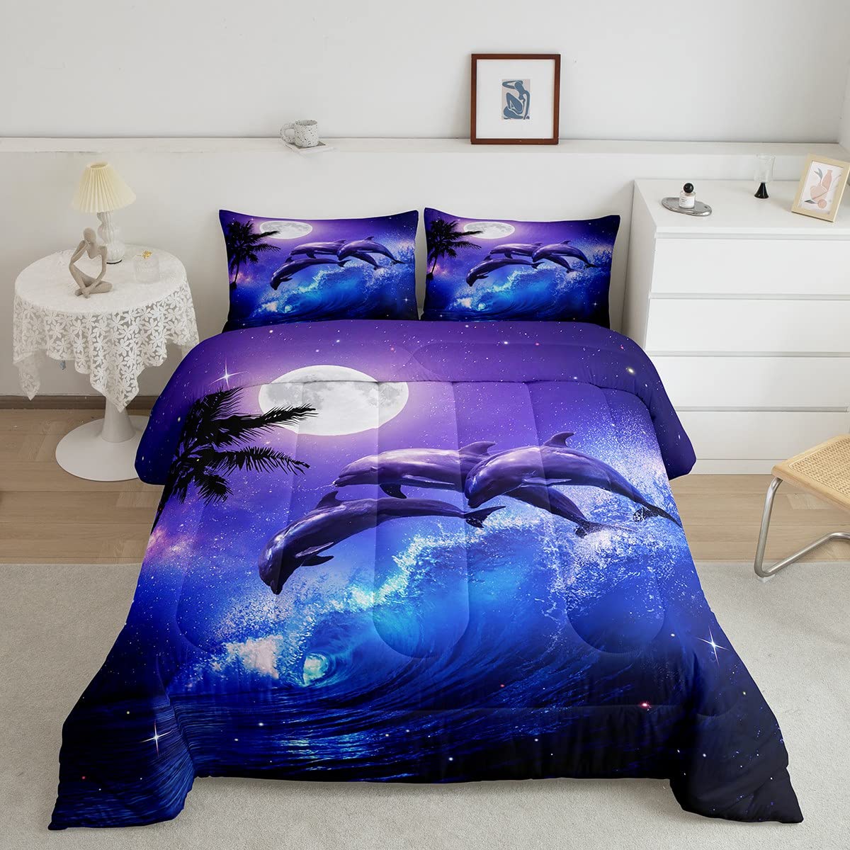 Castle Fairy Dolphin Comforter Set Queen Size,Ocean Waves Bedding Set Kids Young Man,Moonlight At Night Comforter For Teen Child