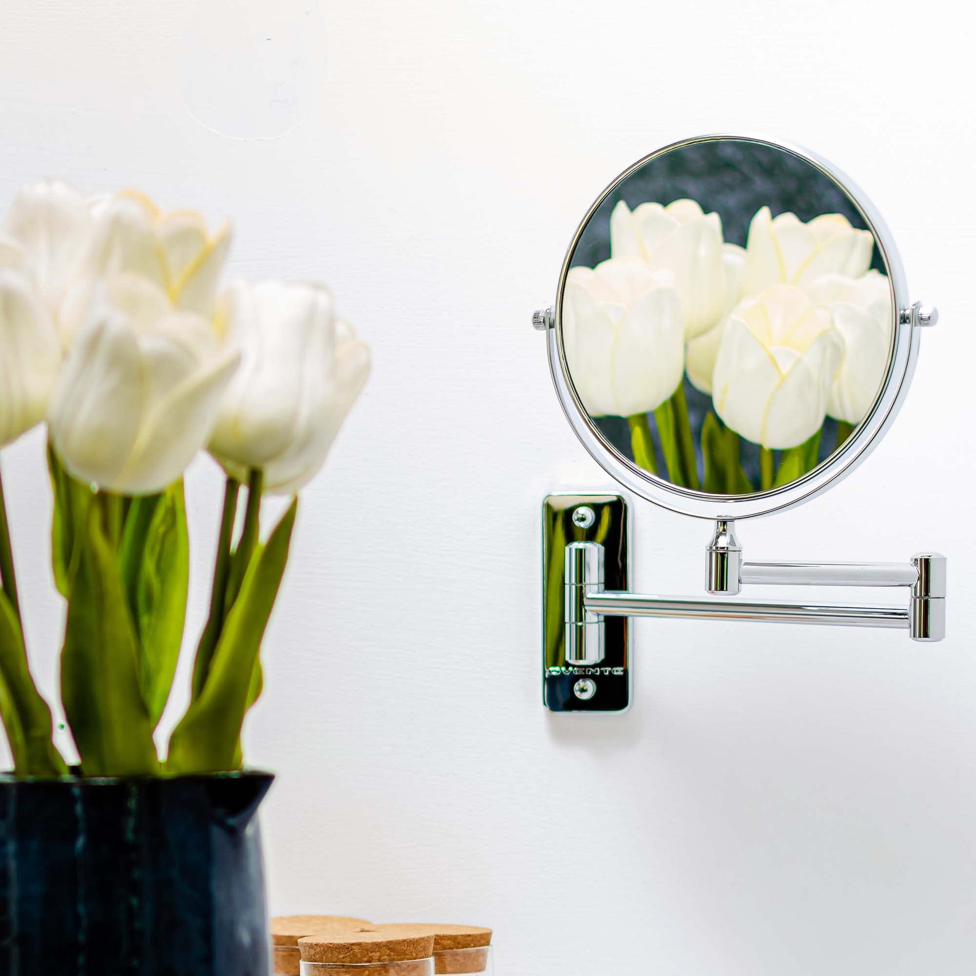 Ovente 7' Wall Mount Makeup Mirror, 1X & 10X Magnifier, Adjustable Spinning Double Sided Round Reflection, Extend, Retractable