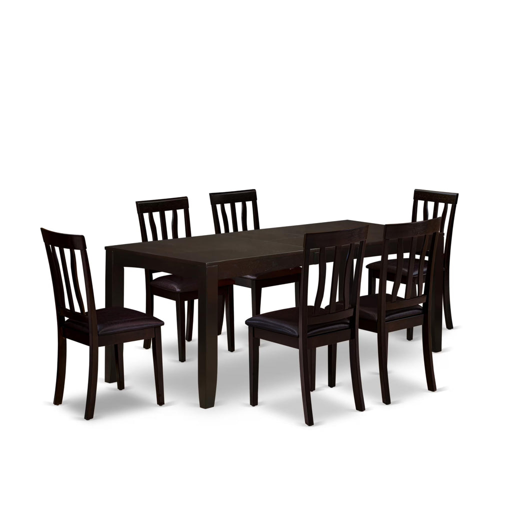 East West Furniture LYAN7-CAP-LC Lynfield 7 Piece Set Consist of a Rectangle Dinner Table with Butterfly Leaf and 6 Faux Leather Dining Room Chairs, 36x66 Inch, Cappuccino