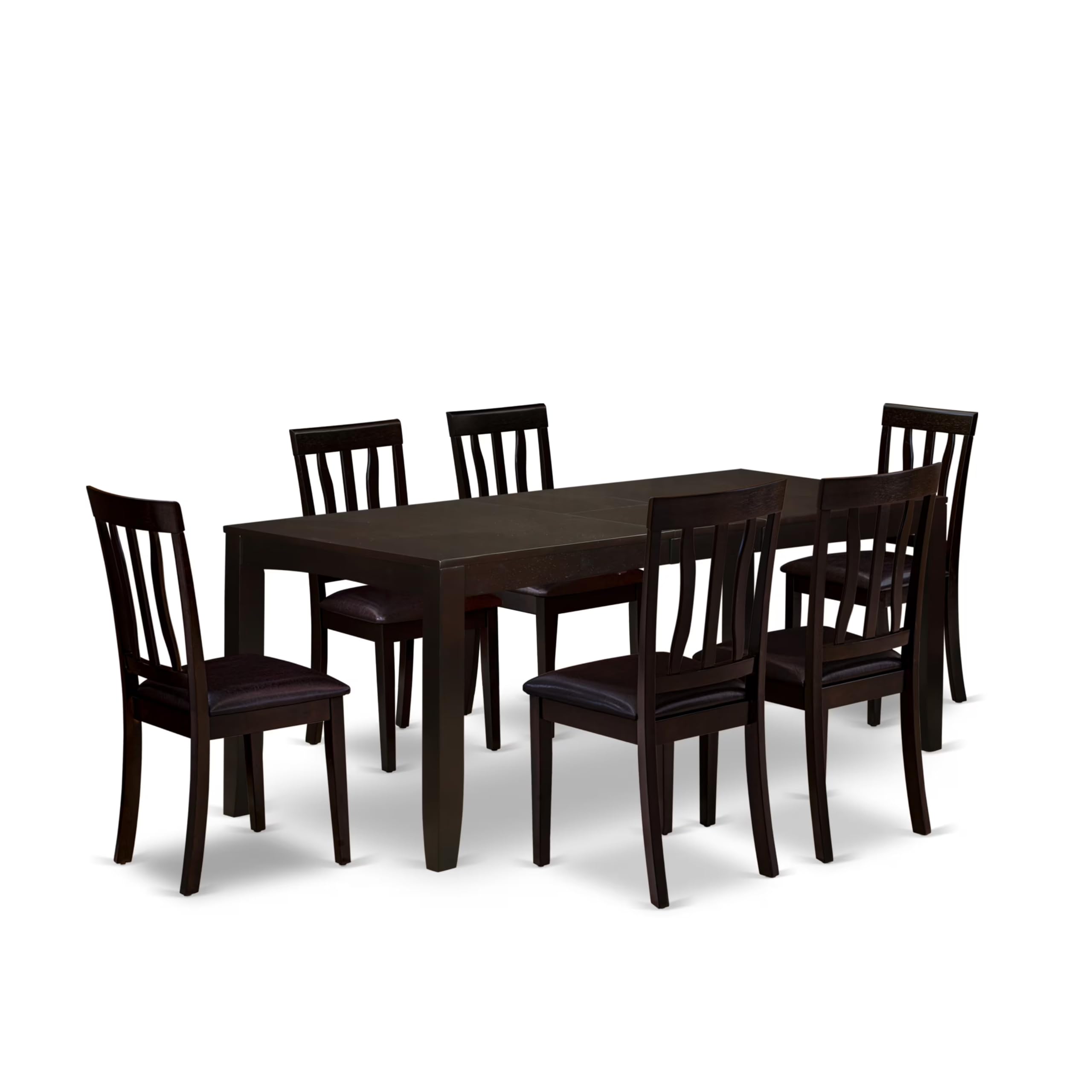 East West Furniture LYAN7-CAP-LC Lynfield 7 Piece Set Consist of a Rectangle Dinner Table with Butterfly Leaf and 6 Faux Leather Dining Room Chairs, 36x66 Inch, Cappuccino