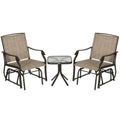 Outsunny 3 Piece Outdoor Glider Chair With Coffee Table Bistro Set, 2 Patio Rocking Swing Chairs With Breathable Sling Fabric, Glass Tabletop, For Backyard, Garden And Porch, Mixed Brown
