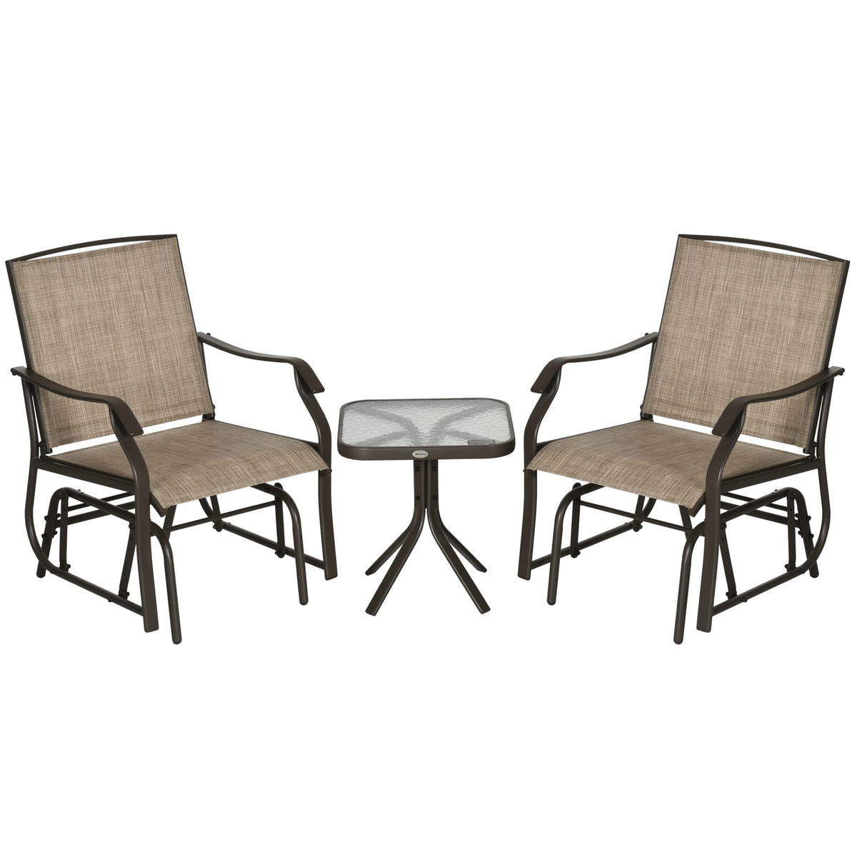 Outsunny 3 Piece Outdoor Glider Chair With Coffee Table Bistro Set, 2 Patio Rocking Swing Chairs With Breathable Sling Fabric, Glass Tabletop, For Backyard, Garden And Porch, Mixed Brown