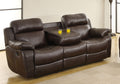 Benzara Leather Reclining Three Seater Sofa with Centre Drop Down Cup Holder, Brown
