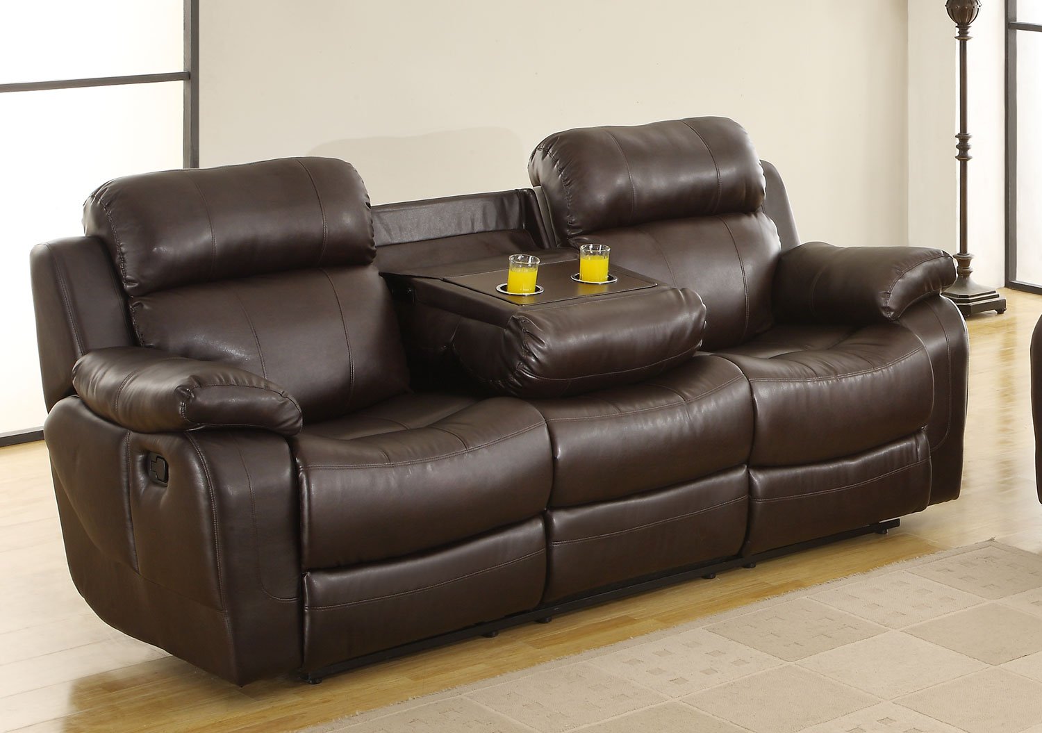 Benzara Leather Reclining Three Seater Sofa with Centre Drop Down Cup Holder, Brown