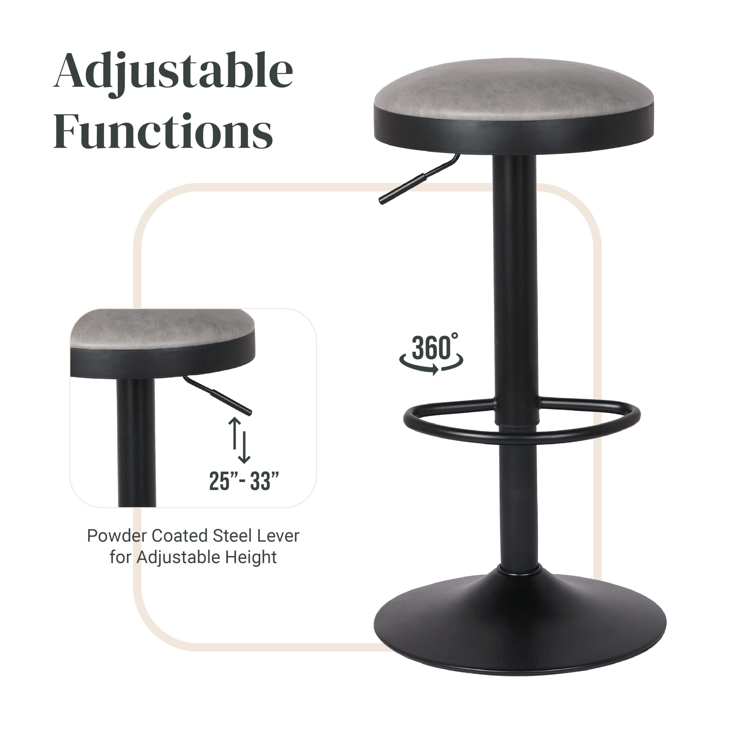 New Pacific Direct Juno Pu Leather Gaslift Backless Swivel Bar, Set Of 2 Bar & Counter Stools, Vintage Mist Gray