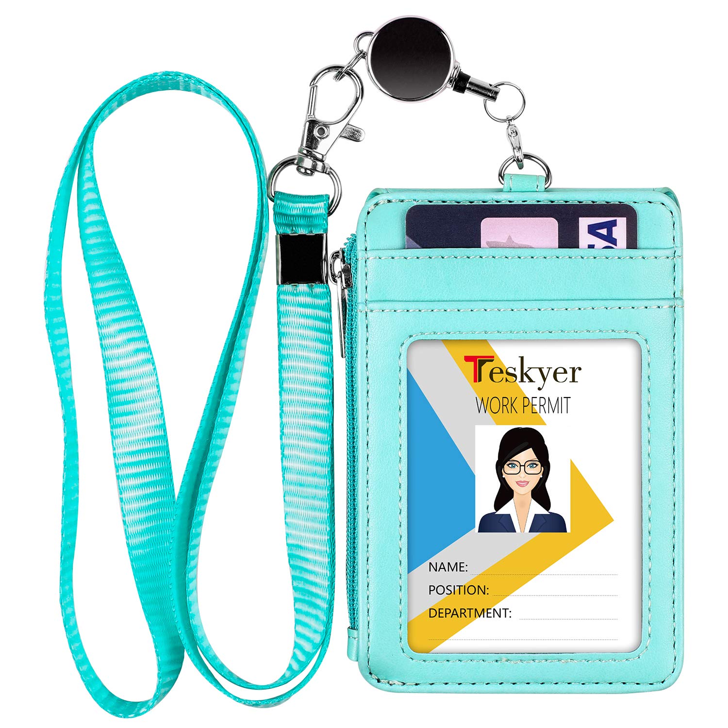 Teskyer Id Badge Holder With Retractable Lanyard, 4 Card Slots Id Card Holder With Zipper Pocket, Easy Swipe Id Holder For Work