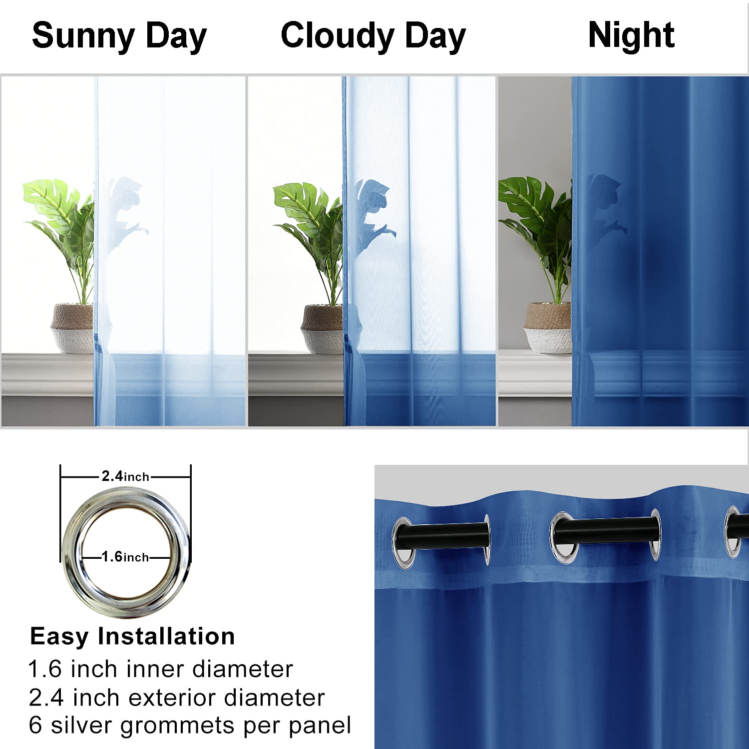 Hiasan Sheer Curtains 90 Inches Long With Tiebacks, Light Filtering Semi Transparent Lightweight Voile Grommet Window Curtains For Bedroom, Living Room, Navy Blue, W42 X L90, Set Of 2 Drape Panels