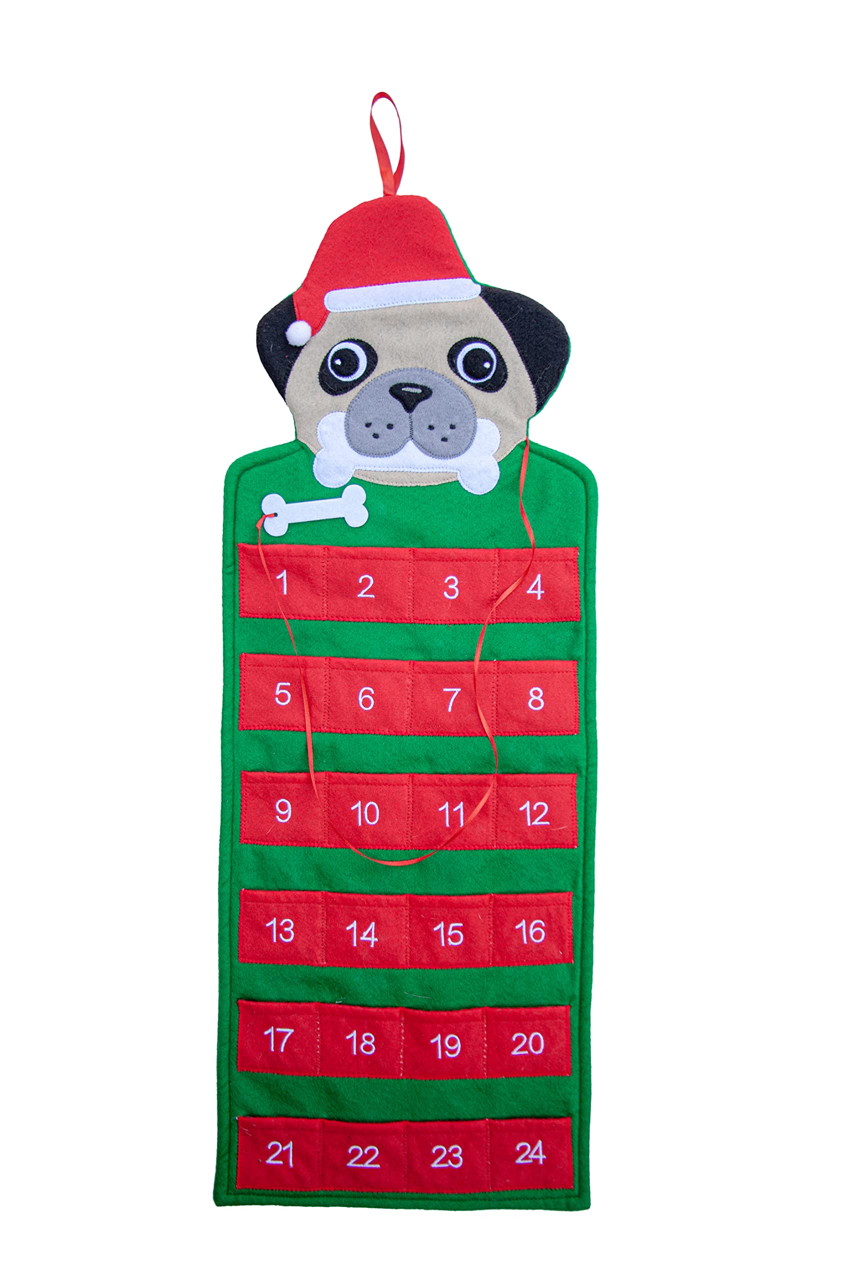 Happie Hare - Pug Dog Pet Puppy Hanging Holiday Advent Calendar with Pockets - Countdown to Christmas And Holiday for Kids & Fam