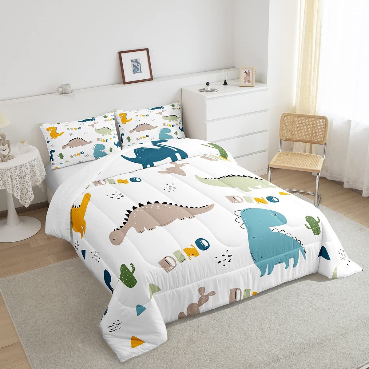 Feelyou Cute Dinosaur Comforter Set Cartoon Cactus Bedding Set Decor Jungle Dino Boho Succulent Comforter Wild Animal Pattern Ye
