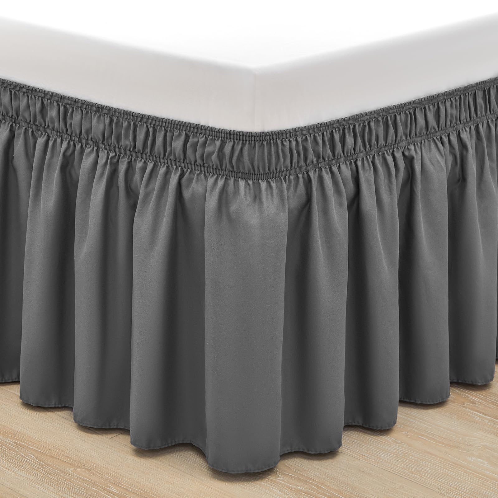 Rimela King Grey Bed Skirt Wrap Around Elastic Dust Ruffles Solid Color Wrinkle And Fade Resistant With Elastic Belt Easy To Ins