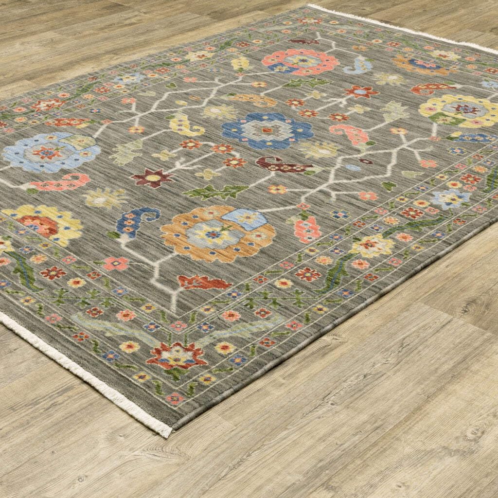 HomeRoots 509307 6 x 9 ft. Gray Blue Pink Orange Rust Red Green & Ivory Oriental Power Loom Stain Resistant Rectangle Area Rug with Fringe