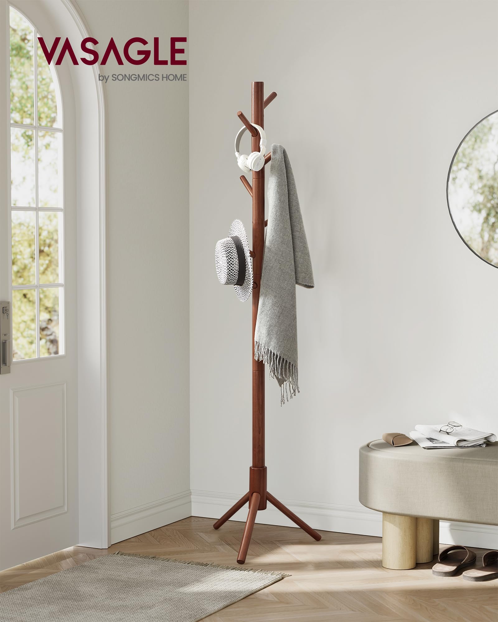 Vasagle Solid Wood Coat Rack, Free Standing Coat Rack, Tree-Shaped Coat Rack With 8 Hooks, 3 Height Options, For Clothes, Hats, Bags, For Living Room, Bedroom, Home Office, Dark Walnut Urcr04Wn