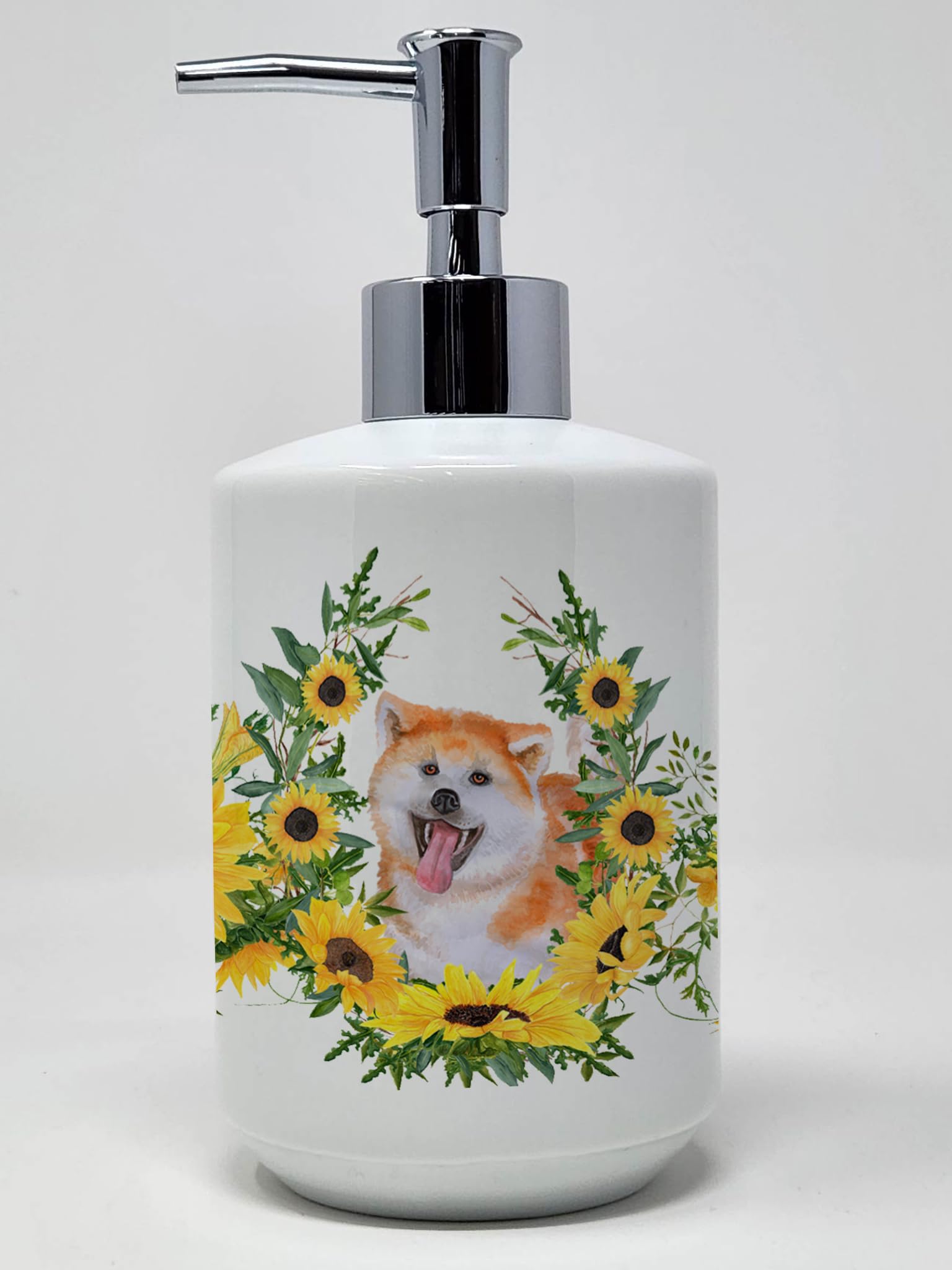 Caroline's Treasures CK2895SOAP Akita in Sunflowers Ceramic Soap Dispenser Hand Soap Dispenser Pump Bottles for Bathroom Kitchen