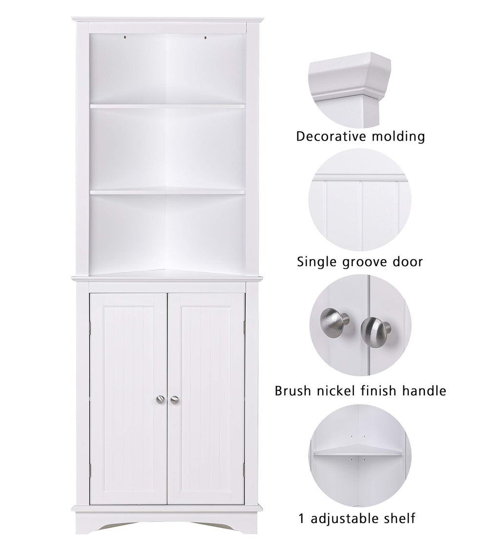 Spirich Tall Corner Cabinet With Doors And Shelves, Freestanding Corner Storage Cabinet For Bathroom, Kitchen, Living Room, White