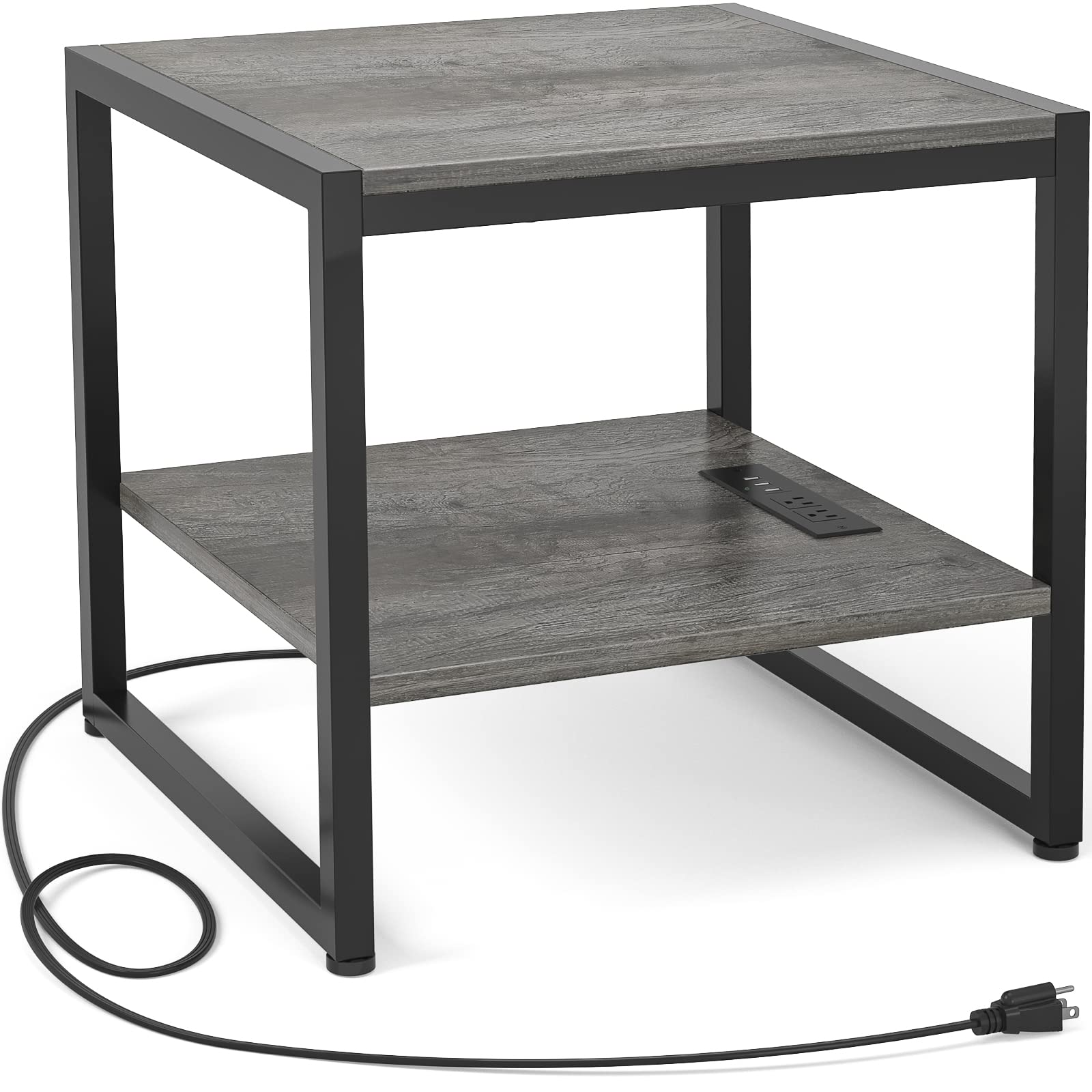 Homieasy End Table With Charging Station, 20 Inch Square Side Table With Usb Ports & Power Outlets, Black Nightstand With 2-Tier Storage Shelf, Mini Fridge Stand For Small Spaces, Black Oak