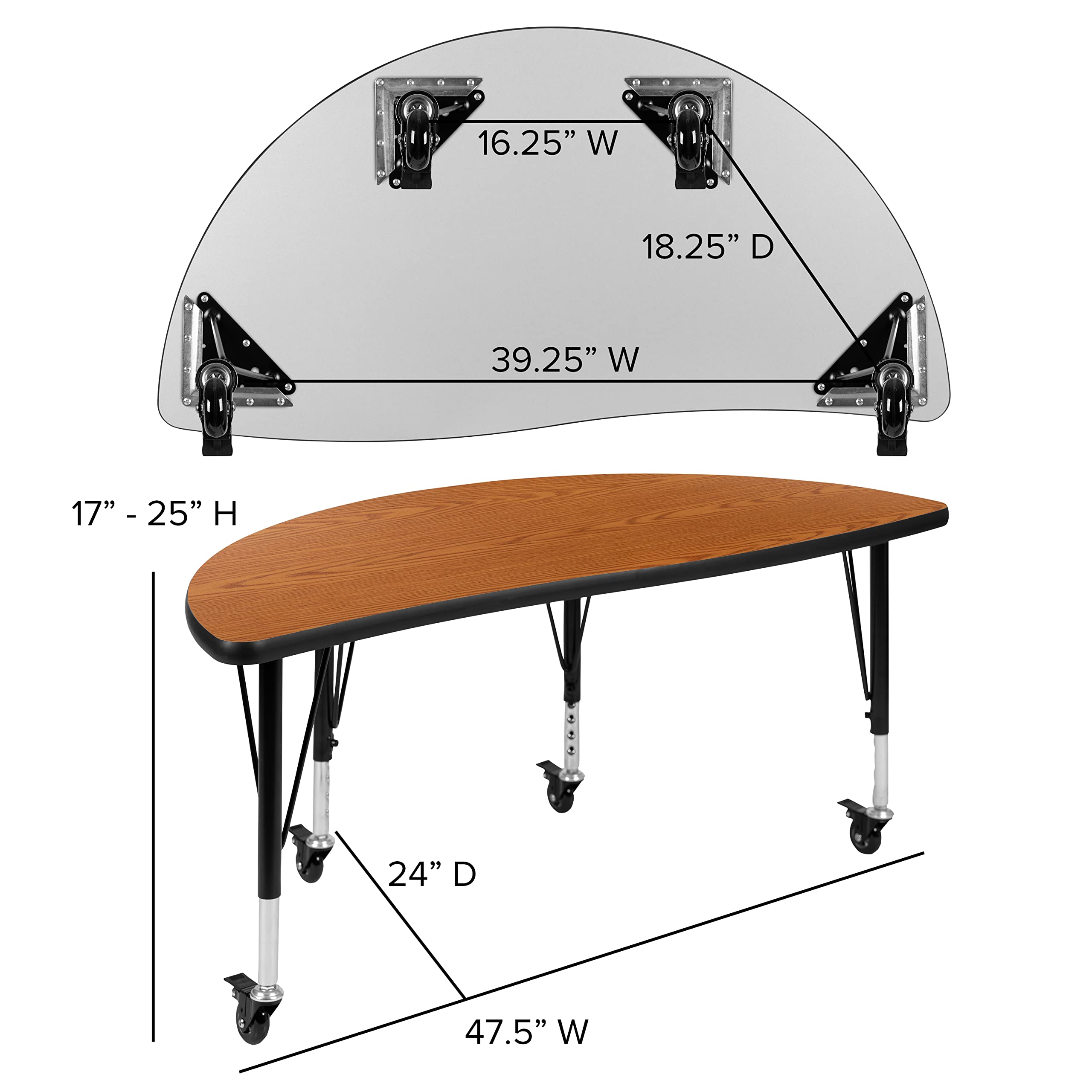 Flash Furniture Mobile 47.5' Half Circle Wave Collaborative Oak Thermal Laminate Activity Table - Height Adjustable Short Legs