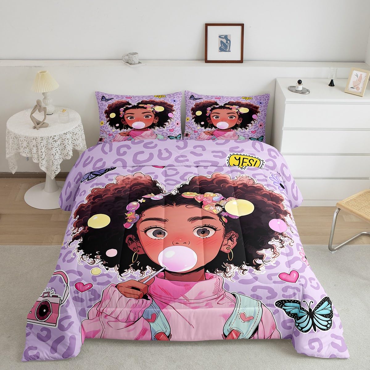 Cartoon Black Girls Bedding Set Twin Size,African Style American Girls Comforter Set,Kids Teens Woman Bedroom Decor,Purple Leopa