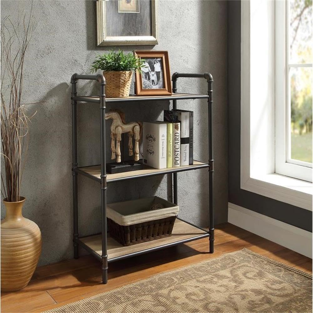 Acme Itzel 3 Wooden Tiers Rectangular Bookshelf in Antique Oak and Sandy Gray