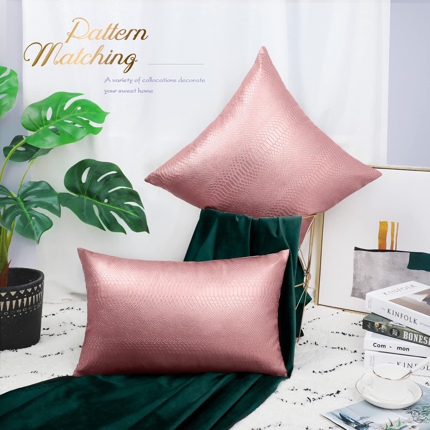 Brawarm Rose Gold Leather Throw Pillows 12 X 20 Inches, Snake Leather Pillow Covers Pack Of 2, Faux Leather Decorative Lumbar Pi