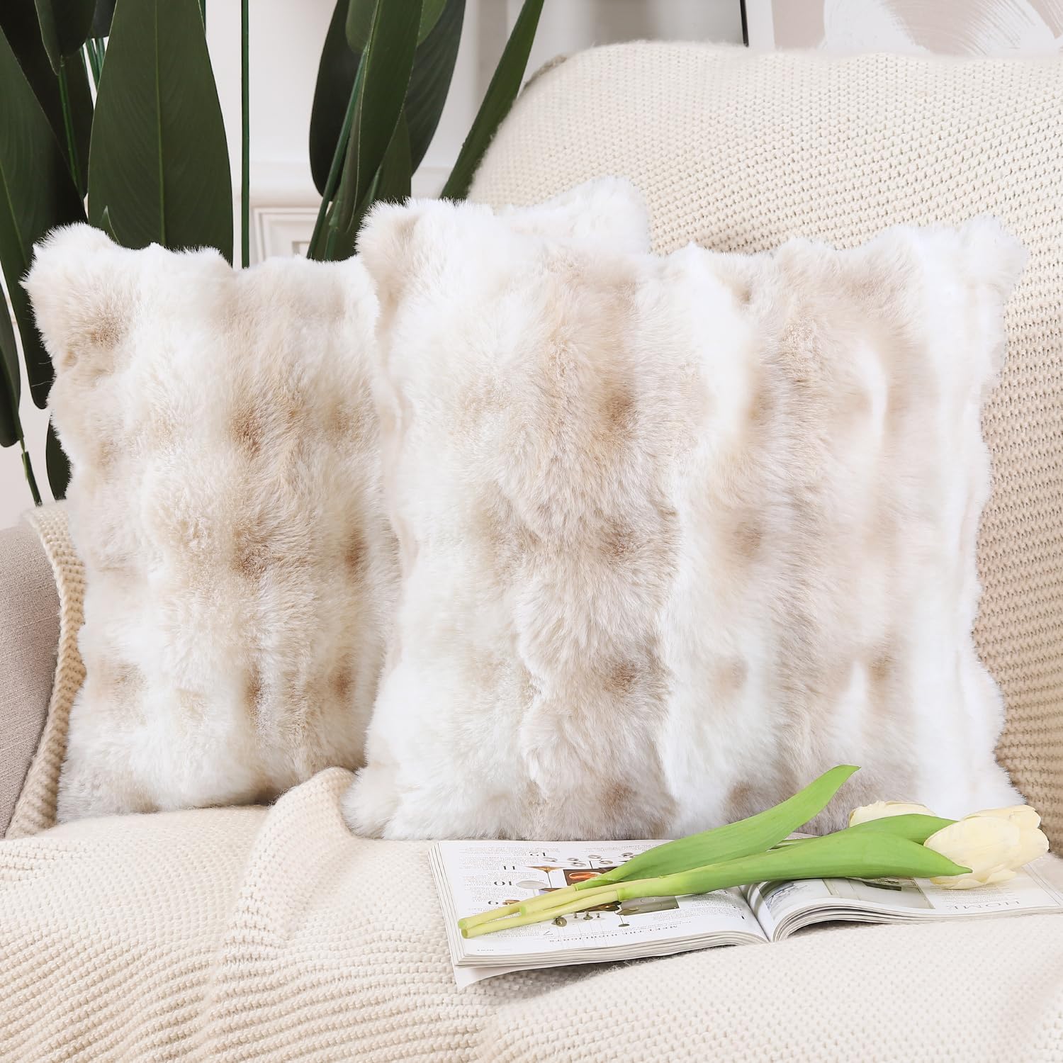 Madizz Pack Of 2 Thick Plush Wool Throw Pillow Covers 20X20 Inch White Beige Soft Decorative Cushion Cover For Sofa Bedroom Pill
