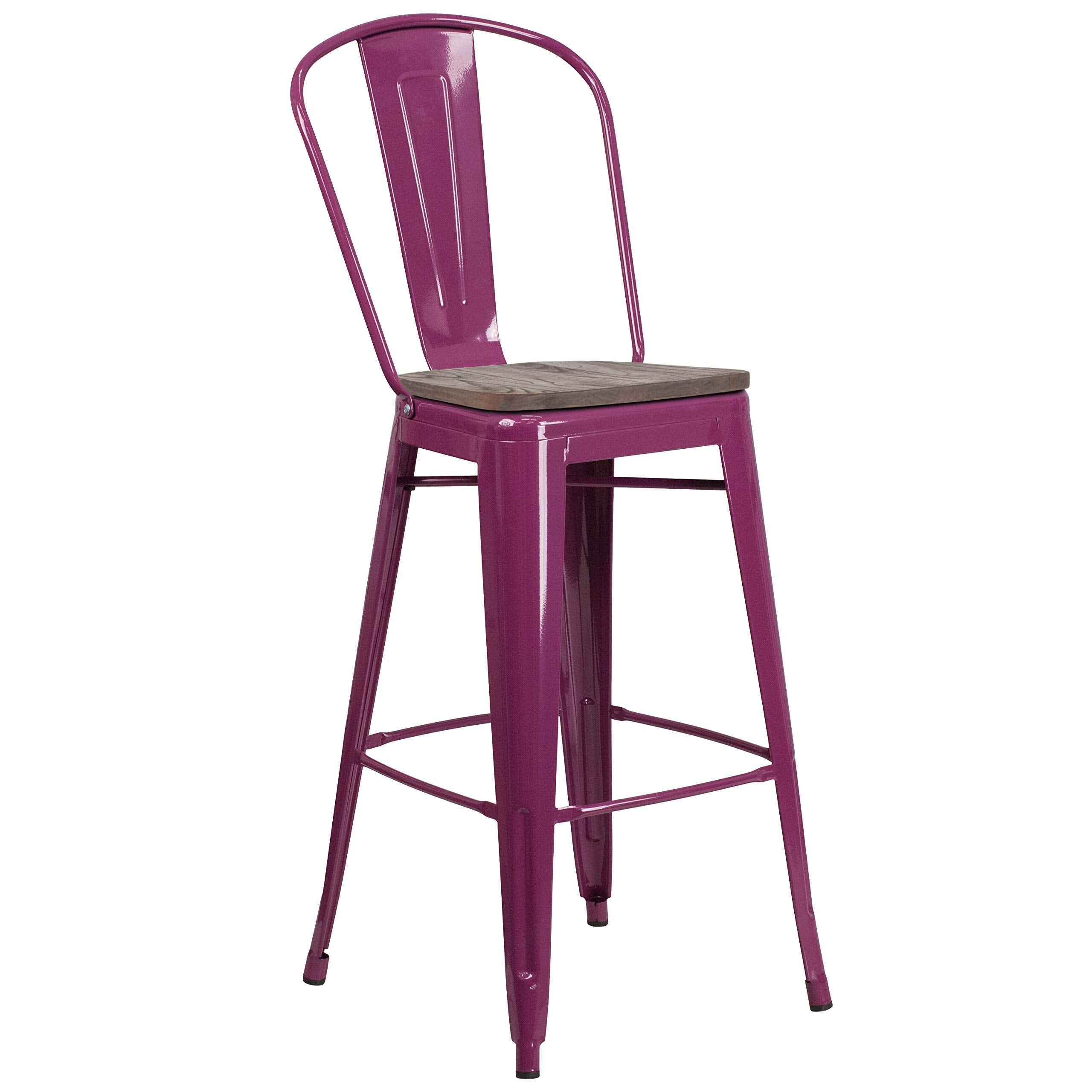 Flash Furniture 30&quot; High Purple Metal Barstool With Back And Wood Seat