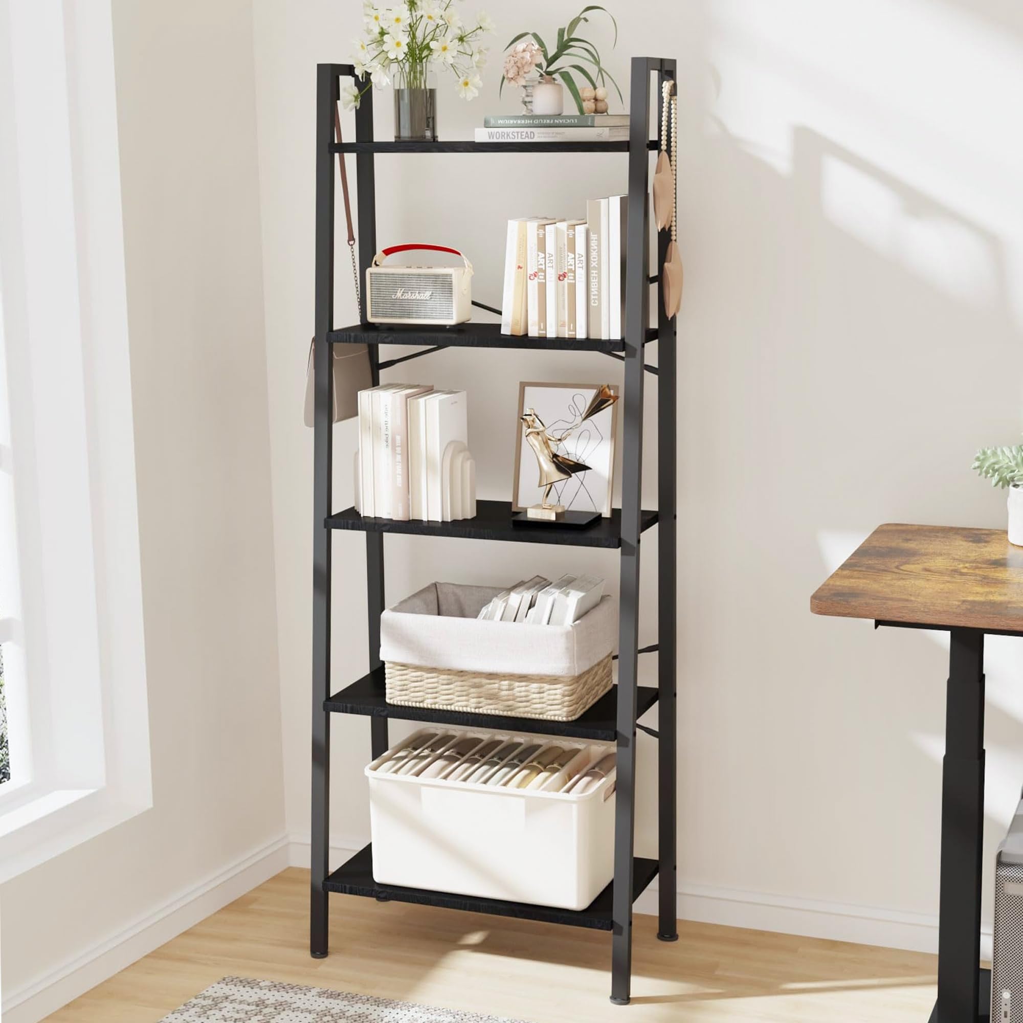 Hzuaneri Ladder Shelf, Bookshelf Bookcase, Freestanding Corner Storage Shelve With 2 Hooks For Home Office, Living Room, Kitchen, Bedroom, Industrial, 5-Tier Black Bc19304B