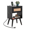 WLIVE Black Rattan Night Stand with Charger Station, Small Side Table Drawer Storage and Shelf, Mid Century Nightstands with Rat