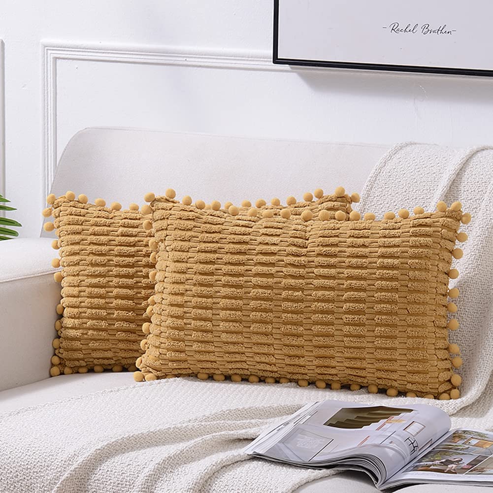 Fancy Homi 2 Packs Mustard Yellow Decorative Throw Pillow Covers 12X20 Inch With Pom-Poms For Couch Bed Living Room, Farmhouse B