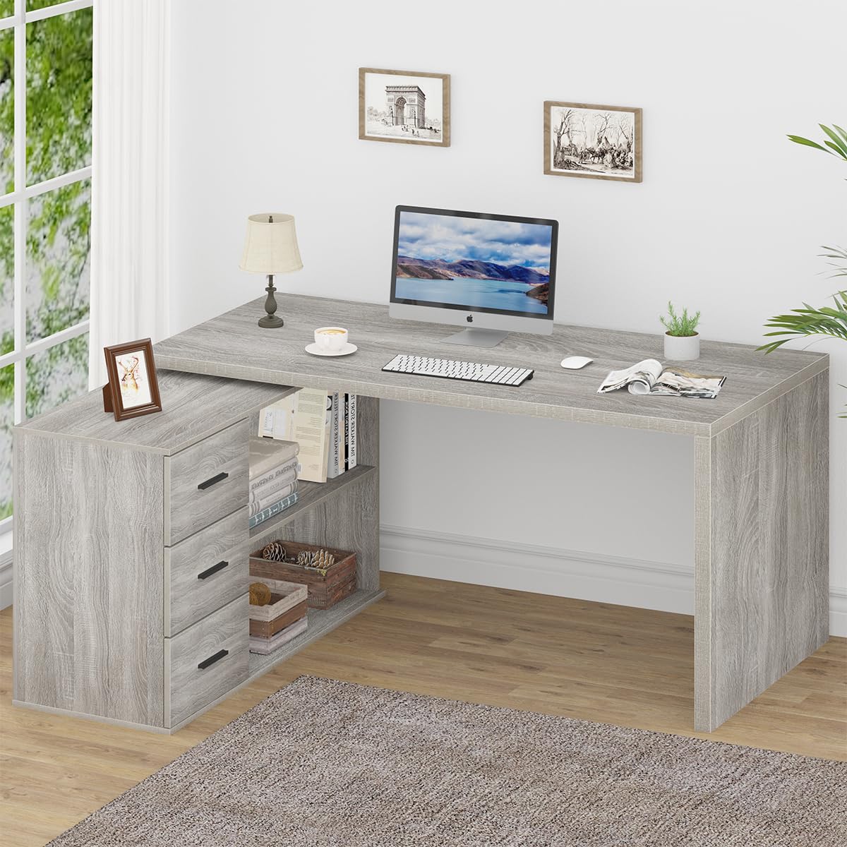 Hsh L Shaped Office Desk With Drawers, Reversible Corner Wood Computer Desk Gray, Large L Shaped Desk With Storage Cabinet Shelves For Executive Writing Study, Modern Bedroom Table Grey Oak, 60 Inch