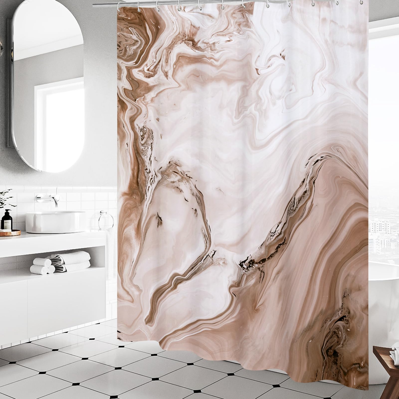 Mitovilla Brown Marble Shower Curtain, Abstract Ombre Fabric Shower Curtains For Modern Bathroom Decor, Luxury Cloth Watercolor