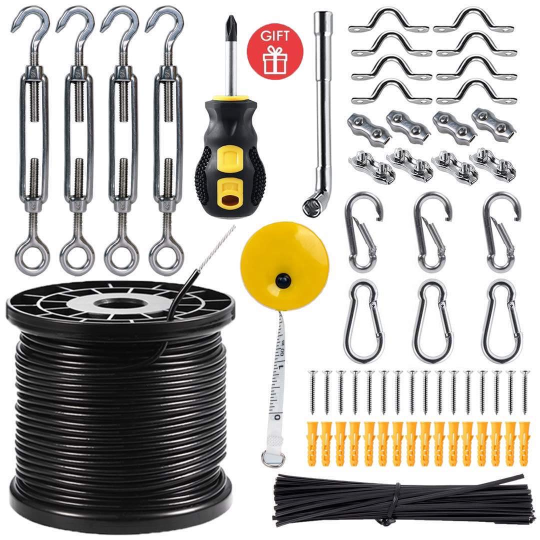 Newleray String Light Hanging Kit With 164 Ft Nylon Coated Stainless Steel 304 Wire Rope Suspension Kit Included Enough Accessor