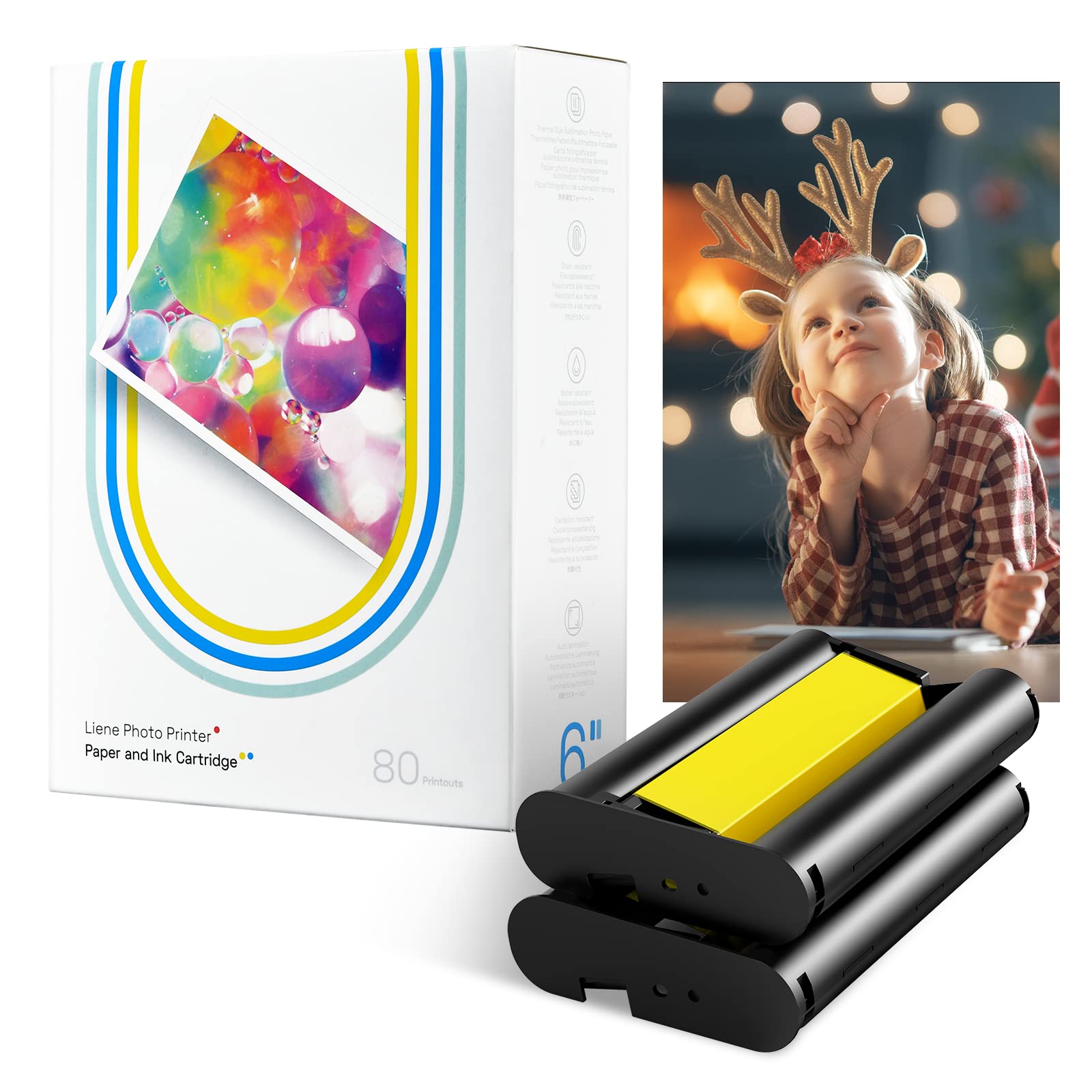 Liene Photo Printer Paper & Cartridge, 2 Ink Cartridge Refill & 80 Sheets Photo Papers, 4X6, Dye Sublimation, Water & Oxidation-