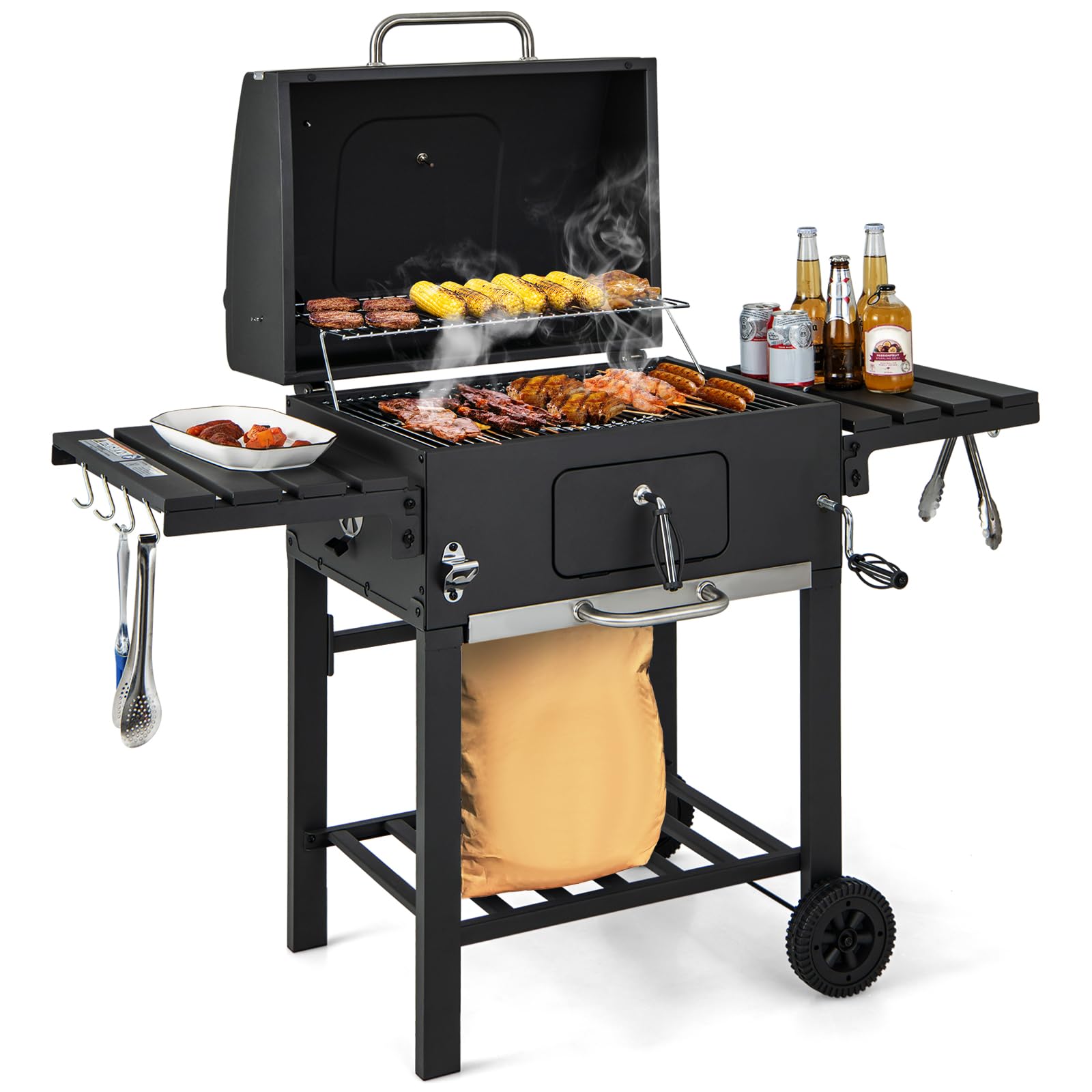 Happygrill Charcoal Grill Outdoor Bbq Grill With 2 Foldable Side Tables, 8 Hooks, Storage Shelf, 2 Wheels, Flame Control, Heavy