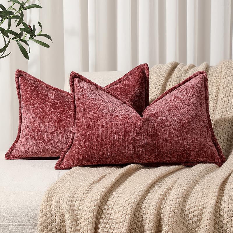 Dezene Pack Of 2 Burgundy Fall Decorative Throw Pillow Covers 12X20 Cozy Soft Chenille Accent Vintage Rectangular Lumbar Couch P