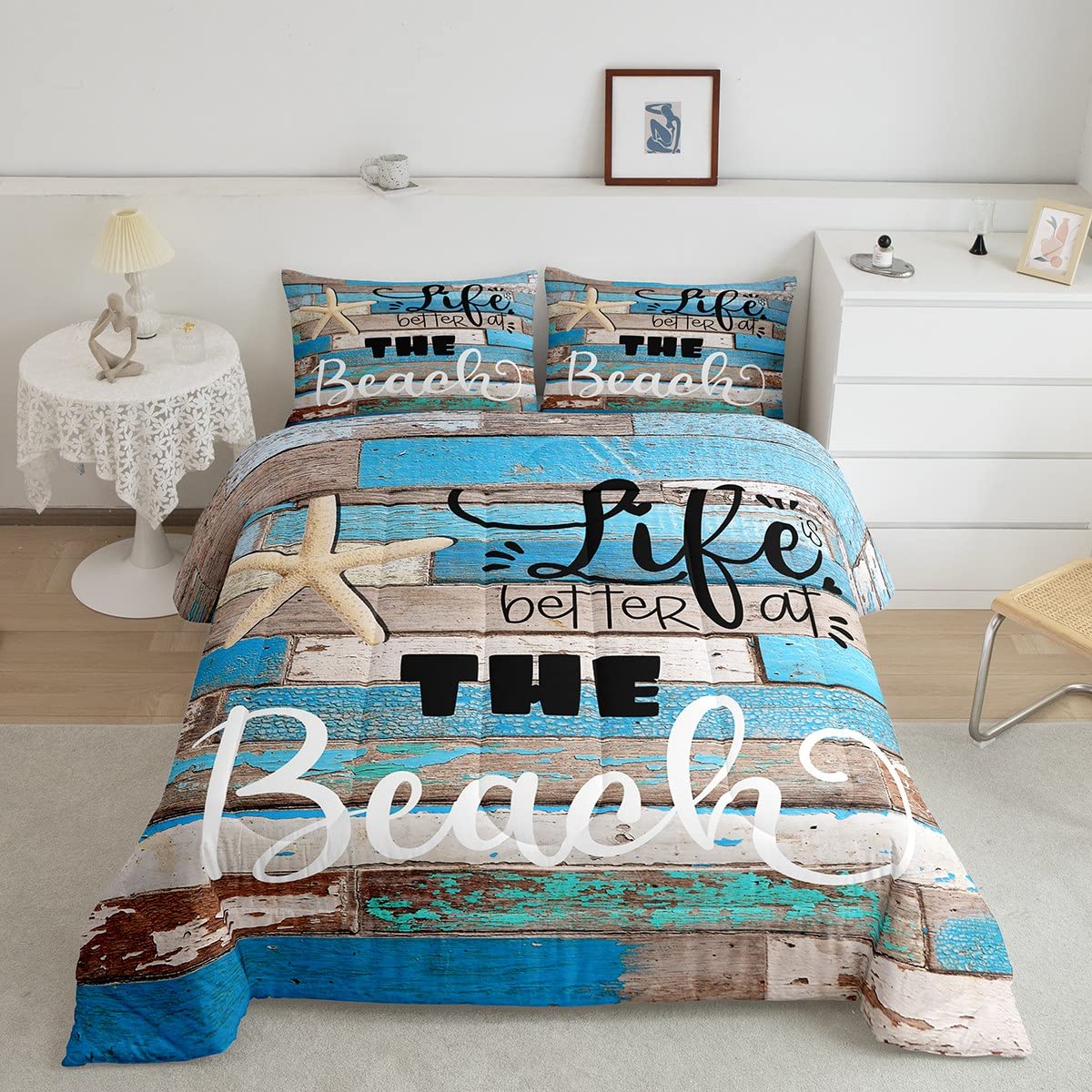 Castle Fairy Beach Life Comforter Set Queen Size,Blue Farmhouse Wooden Bedding Set For Kids Boys Girls Adults Room Decor,Hawaiia