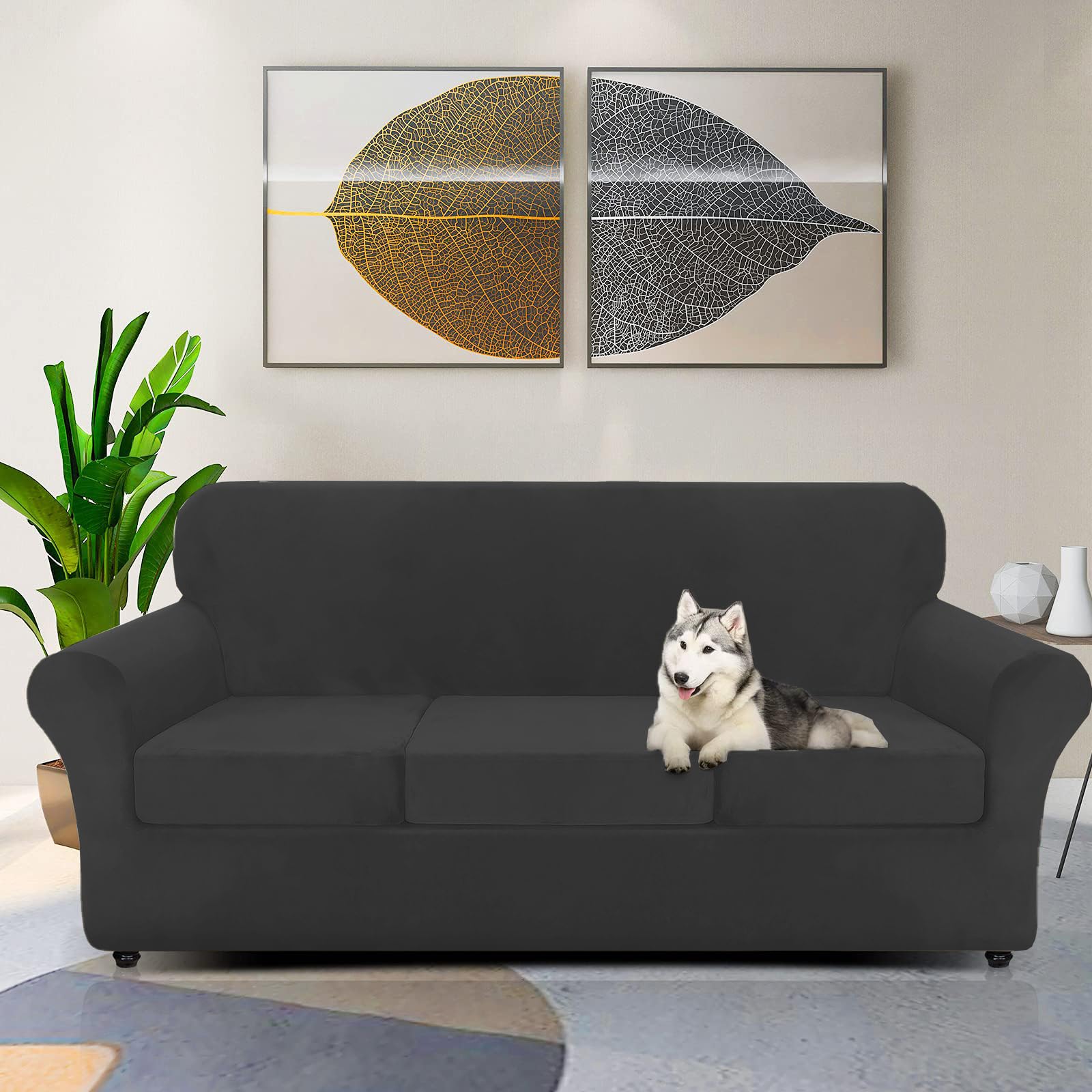 Znsayotx Luxury Velvet Couch Cover 4 Piece Stretch Oversized Sofa Covers For 3 Cushion Couch Thick Soft Large Sofa Slipcover Anti Slip Dogs Pet Furniture Protector (Black),91'-110'(3 Cushions)