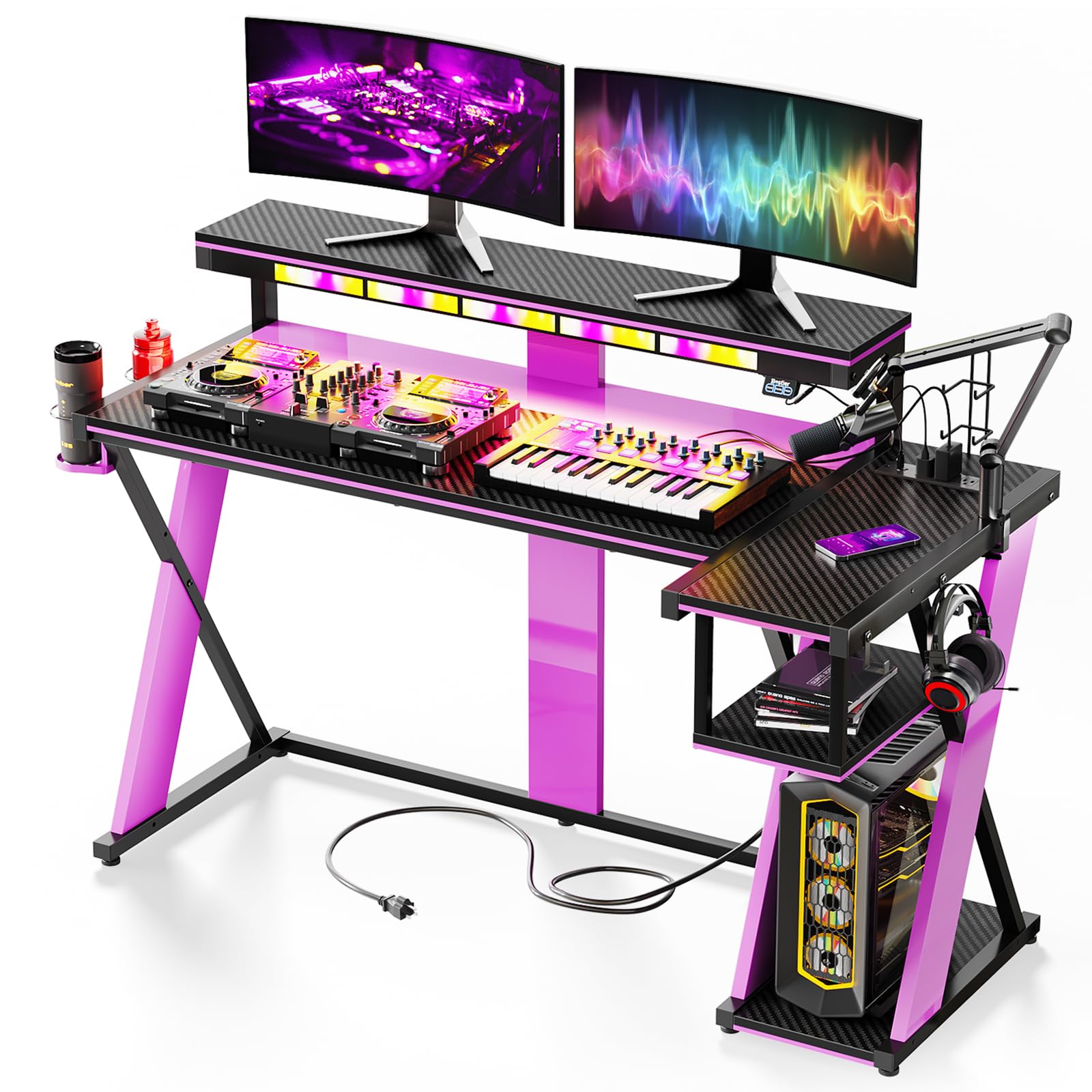 Bestier Music Studio Desk with Music Sync Light, Flow Vibe Music Production Desk with Monitor Stand and Storage Shelves, Cup Hol