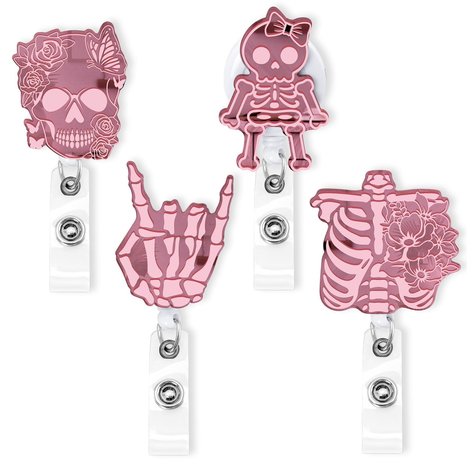Xylolfsty Xray Badge Reels 4Pcs Skeleton Retractable Badge Clips Holder With Alligator Clip Halloween Mirror Acrylic Rib Skull P