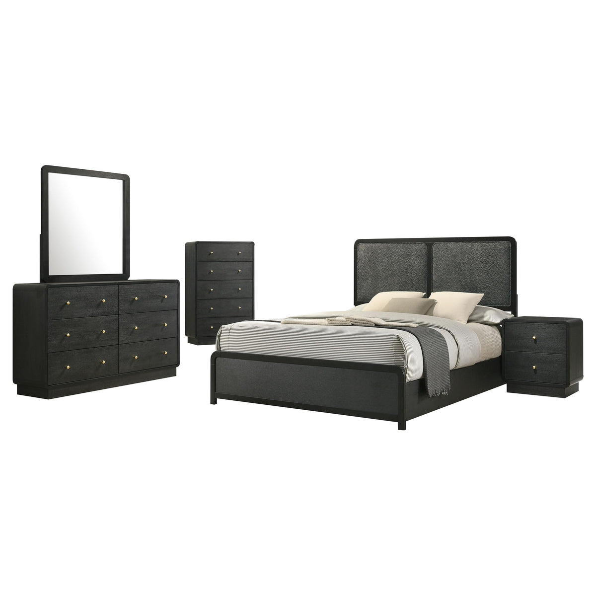 Coaster Home Furnishings Cavelle Transitional 5-Piece Bedroom Set Chenille Upholstered Eastern King Size Panel Bed Frame 51-inch Headboard Black 223661KE-S5