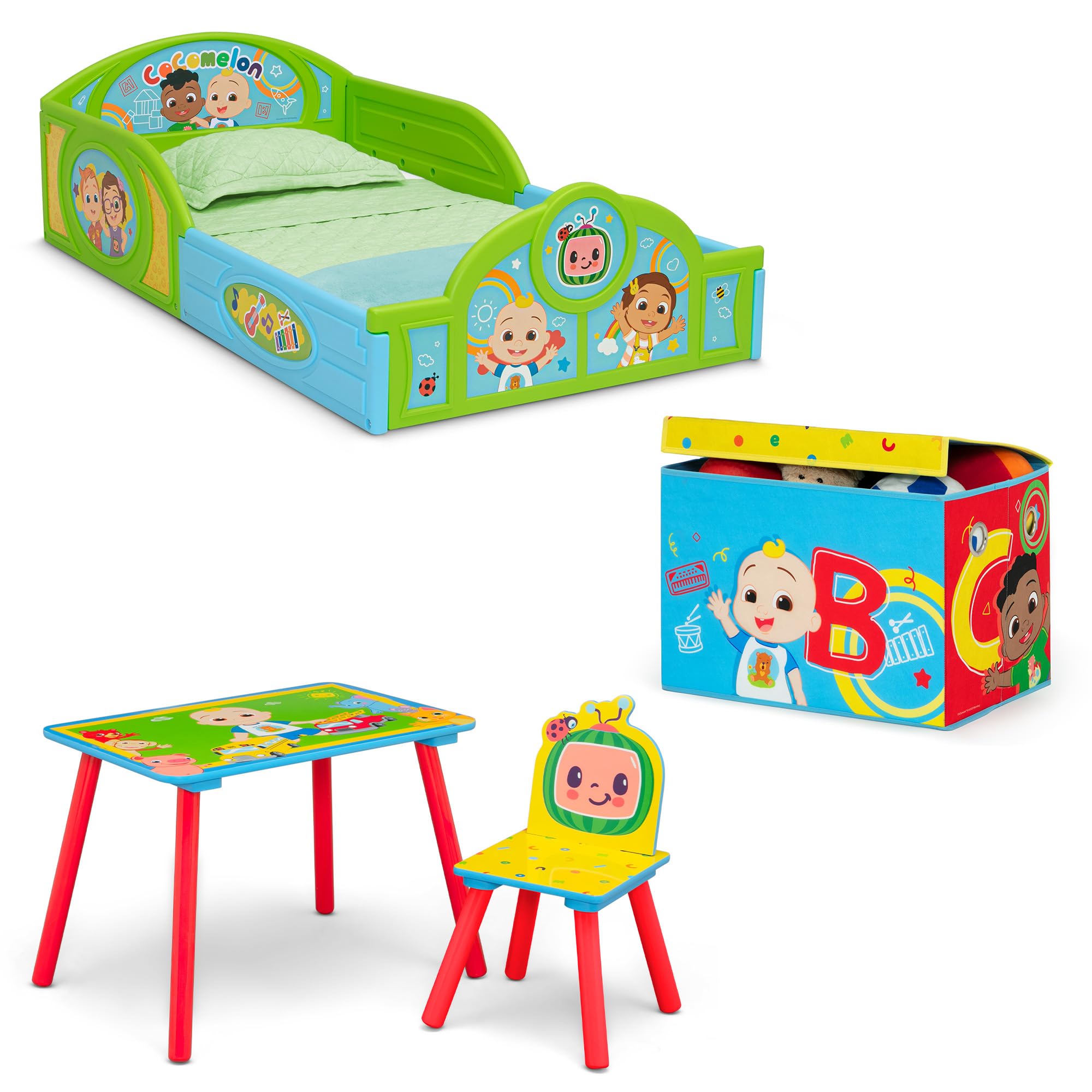 Delta Children - Cocomelon 4-Piece Toddler Room-In-A-Box Set – Includes Sleep And Play Toddler Bed, Table, 1 Chair And Fabric Toy Box, Green