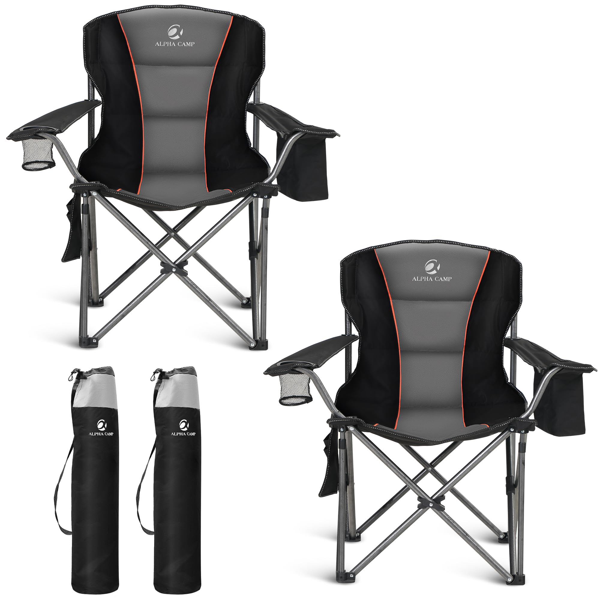 ALPHA CAMP Folding Camping Chair for Adults, Oversized Heavy Duty Lawn Chairs with Cooler Bag, Cup Holder & 600D Oxford Fabric, 