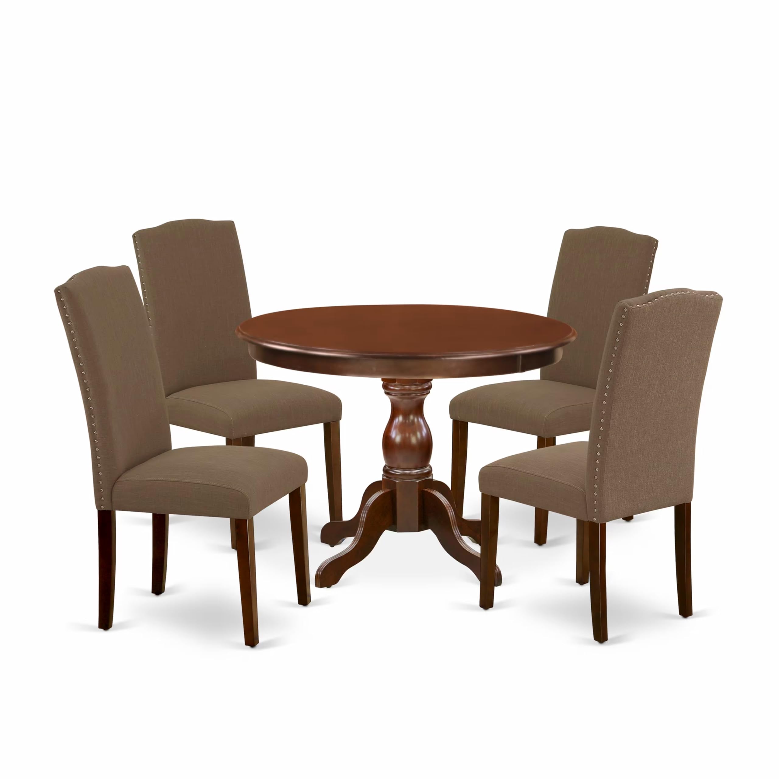 East West Furniture HBEN5-MAH-18 5 Piece Dining Set Includes a Round Dining Room Table with Pedestal and 4 Dark Coffee Linen Fabric Upholstered Parson Chairs, 42x42 Inch, Mahogany