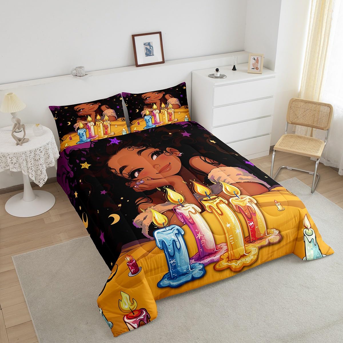 Afro Girls Bedding Comforter Sets American African Princess Magical Comforter Set Black Hair Girl Quilt Full,Kawaii Room Decor For Kids Teens Toddler Girls,Happy Birthday Decorations